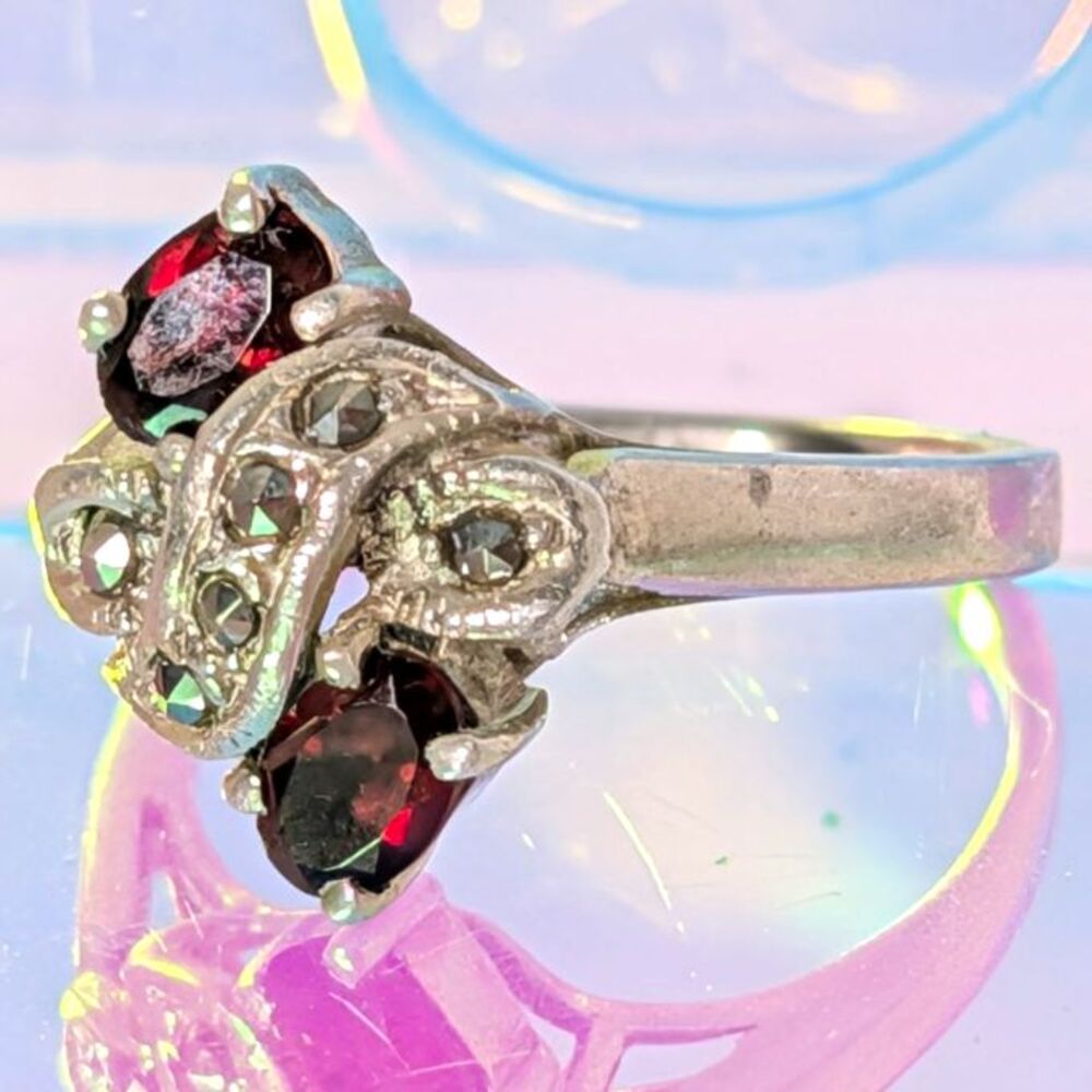 925 Sterling Silver Round Red Garnet Prong Ring Size 7 3mm Band 2 Stone